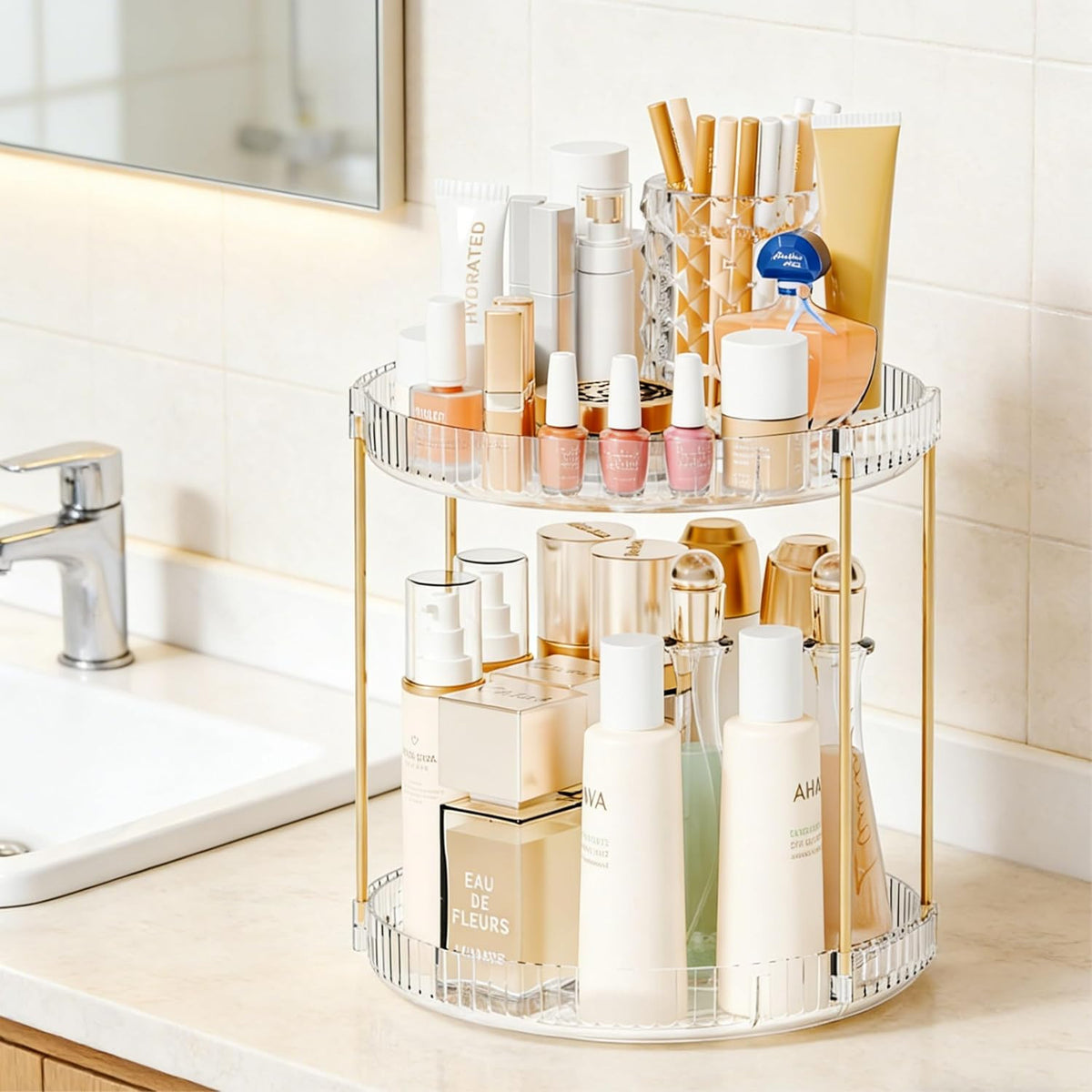 Acrylic 360° Rotating Makeup & Skincare Organizer, 2-Tier Clear Vanity Storage