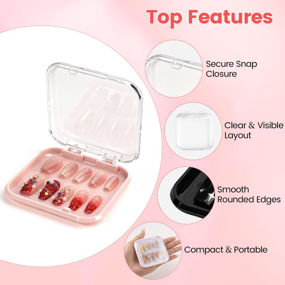 Multicolor Press On Nail Storage Box Set with 90 Adhesive Strips - Nail Organizer Case