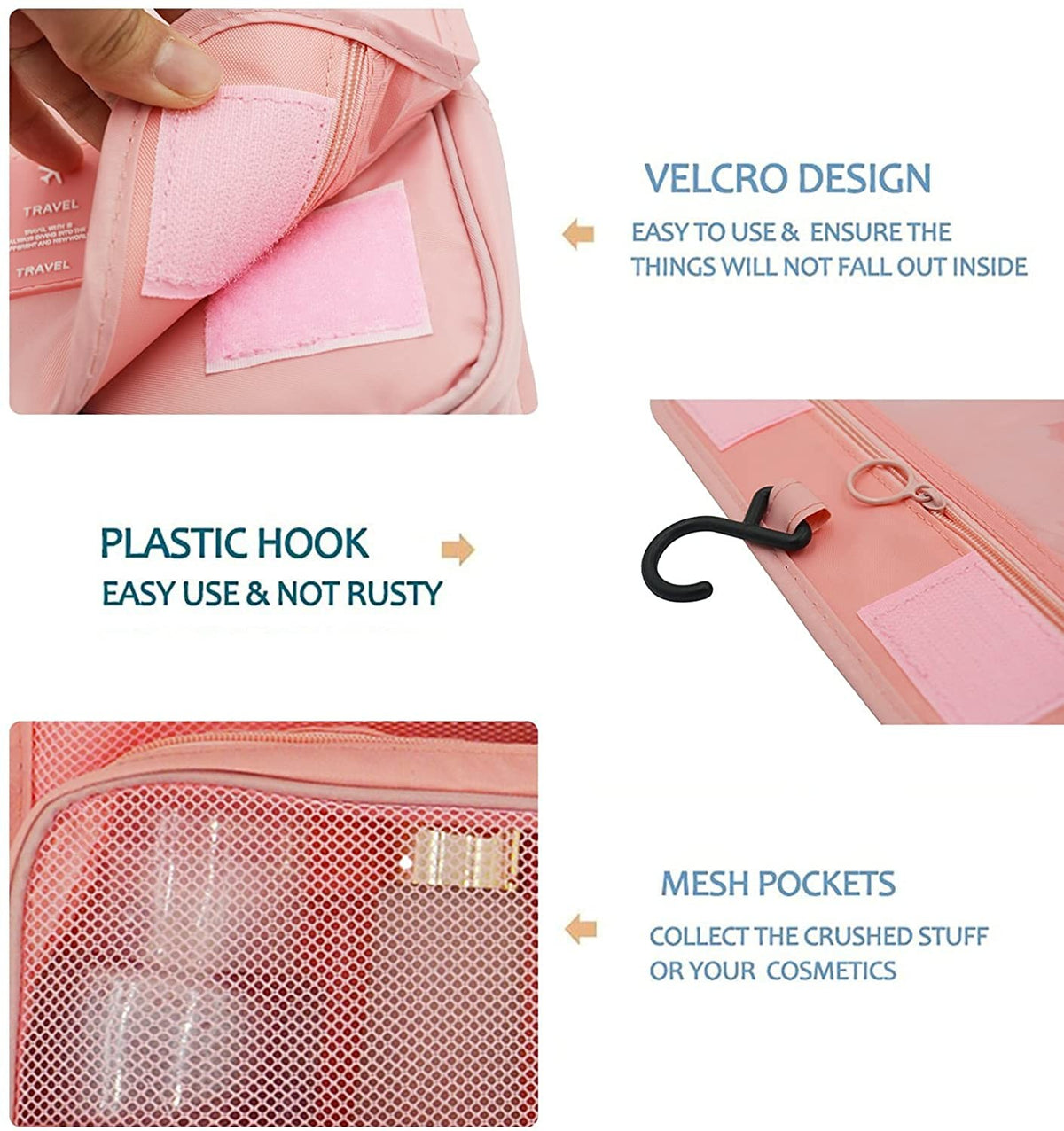 Travel Hanging Toiletry Bag with Sturdy Hook & Multiple Compartments - Pink