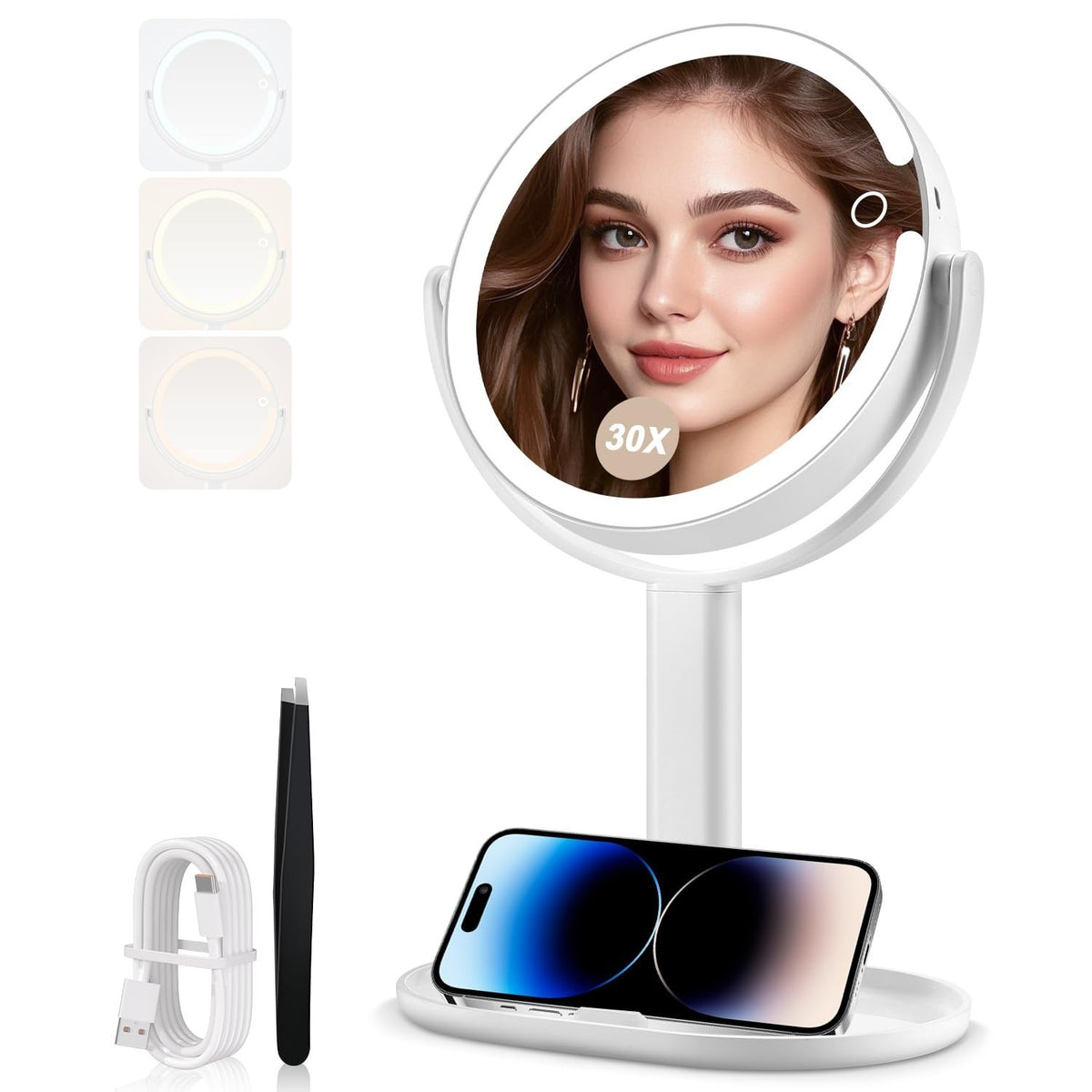 Lighted Makeup Mirror with 30X Magnification, 3 Color Modes, Adjustable Brightness