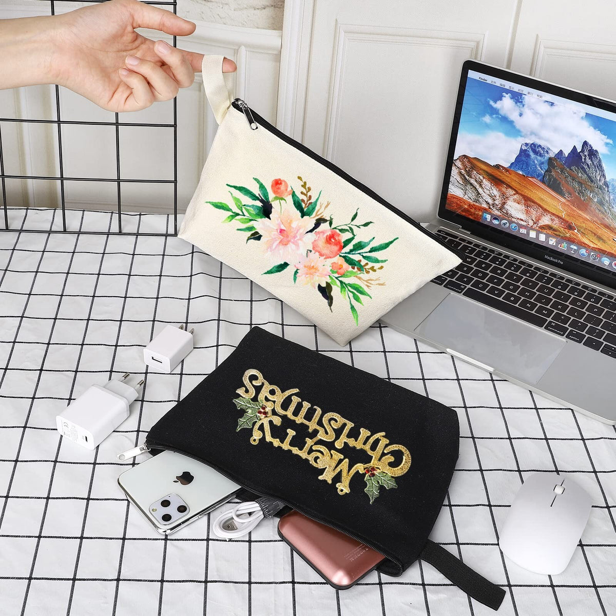 Cotton Canvas Makeup Bag Set - Multi-Purpose Travel Cosmetic Organizer