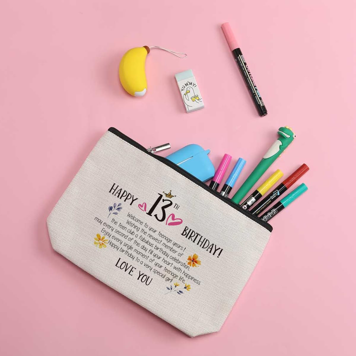 13th Birthday Gift for Girls - Water-Resistant Makeup Bag with Heart Zipper
