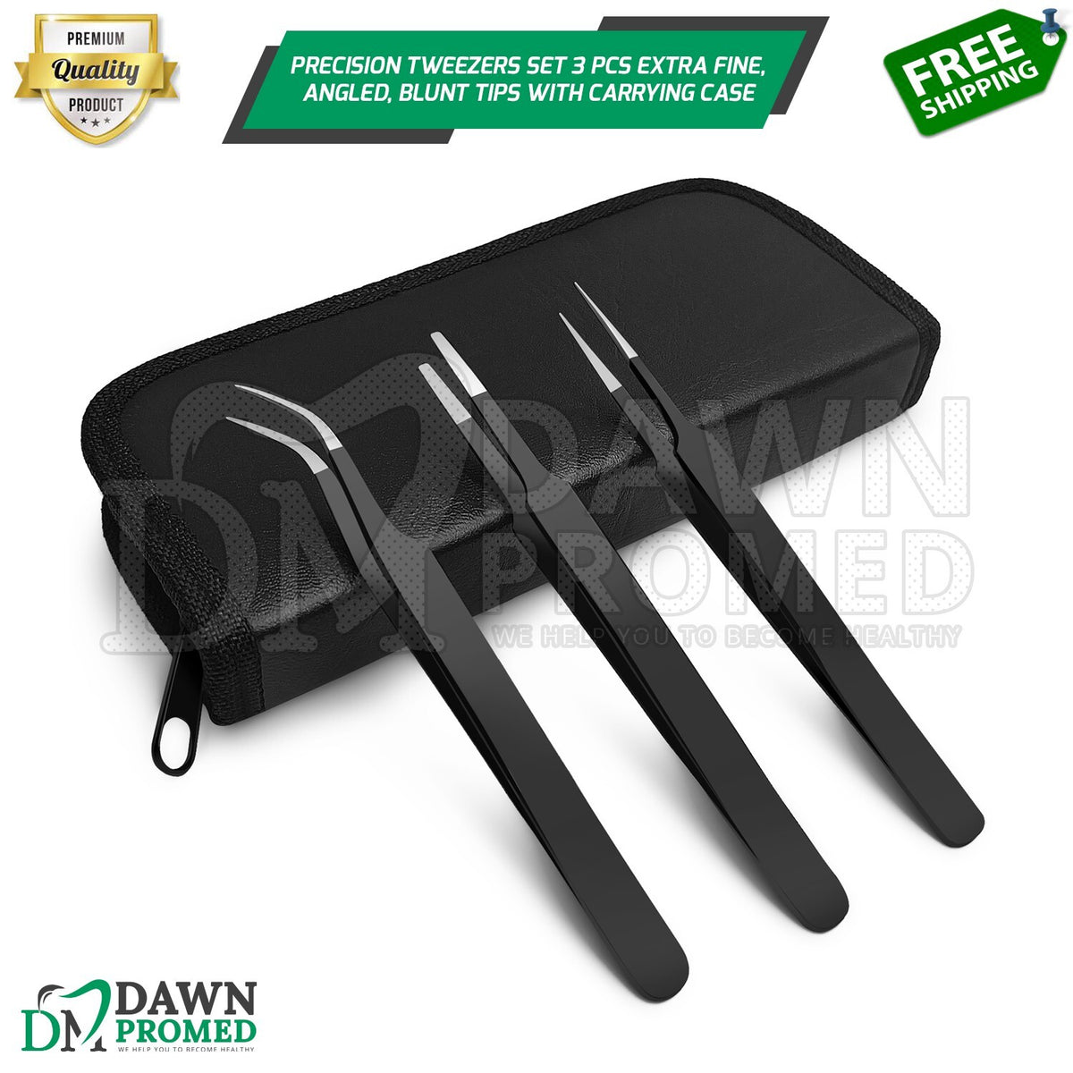 Precision Tweezers Set 3 Pcs with Carrying Case - Extra Fine, Angled, Blunt Tips for Electronics & Beauty