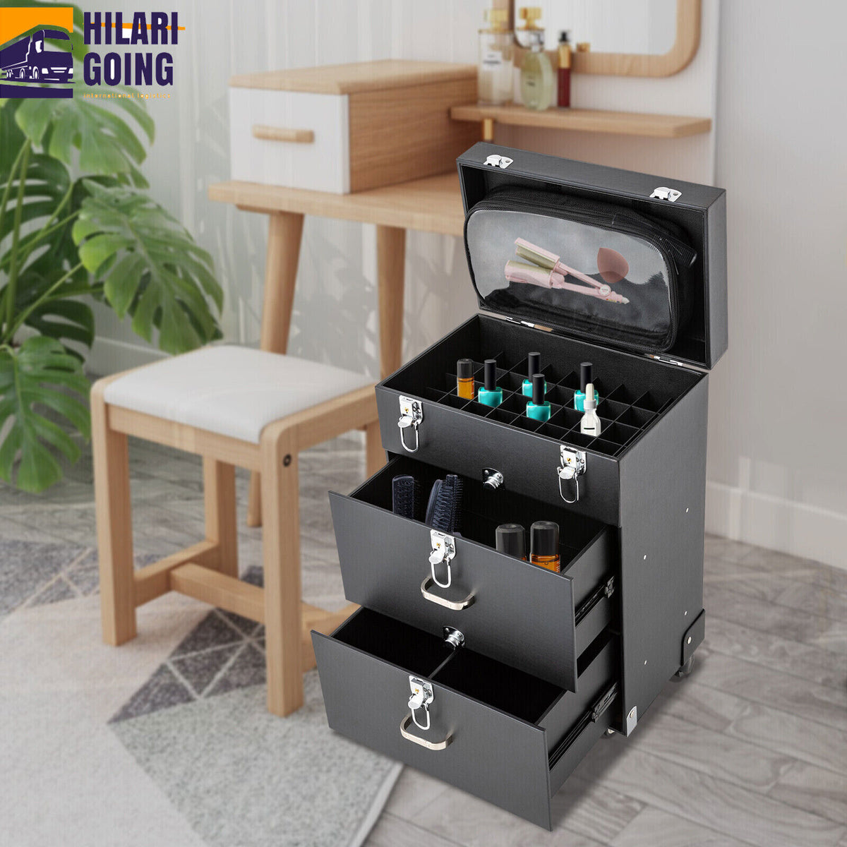 Rolling Makeup Train Case Aluminum Cosmetic Organizer with Locking Compartments