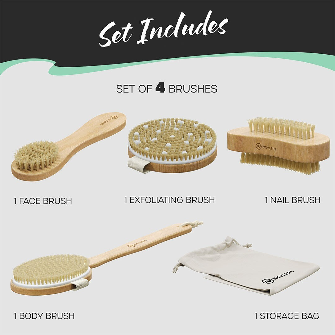 Nevlers Natural Boar Body Brush Set Cellulite Massage Dry Exfoliate