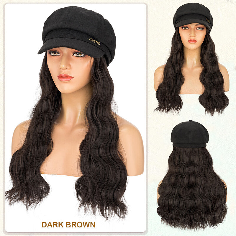Unisex Wavy Long Hair Beret Cap with Synthetic Hair - Casual Hat Wig