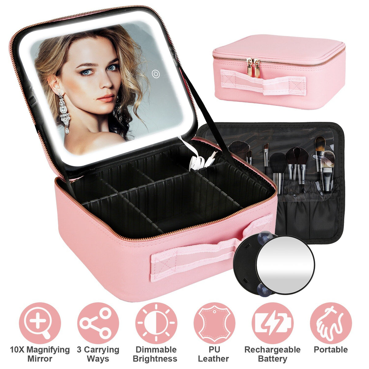 Travel Makeup Bag with LED Mirror and Adjustable Compartments Organizer