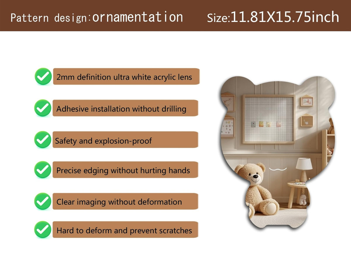 Unbreakable Bear Acrylic Wall Mirror - Anti-Scratch Tempered Glass Decor