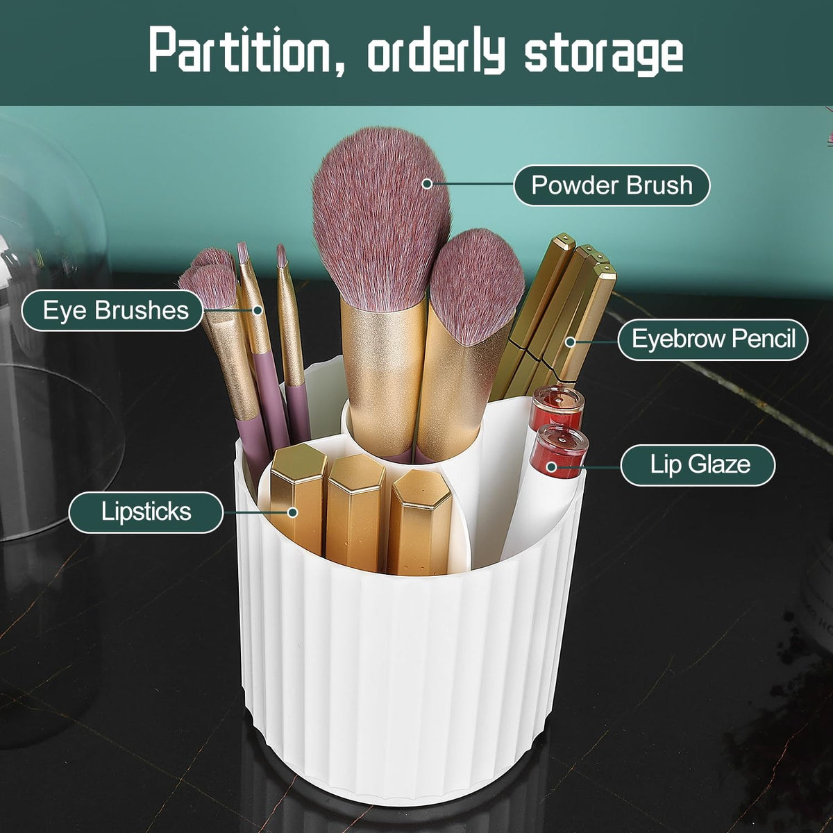 Rotatable Makeup Brush Organizer with Lid - 5 Compartments, White