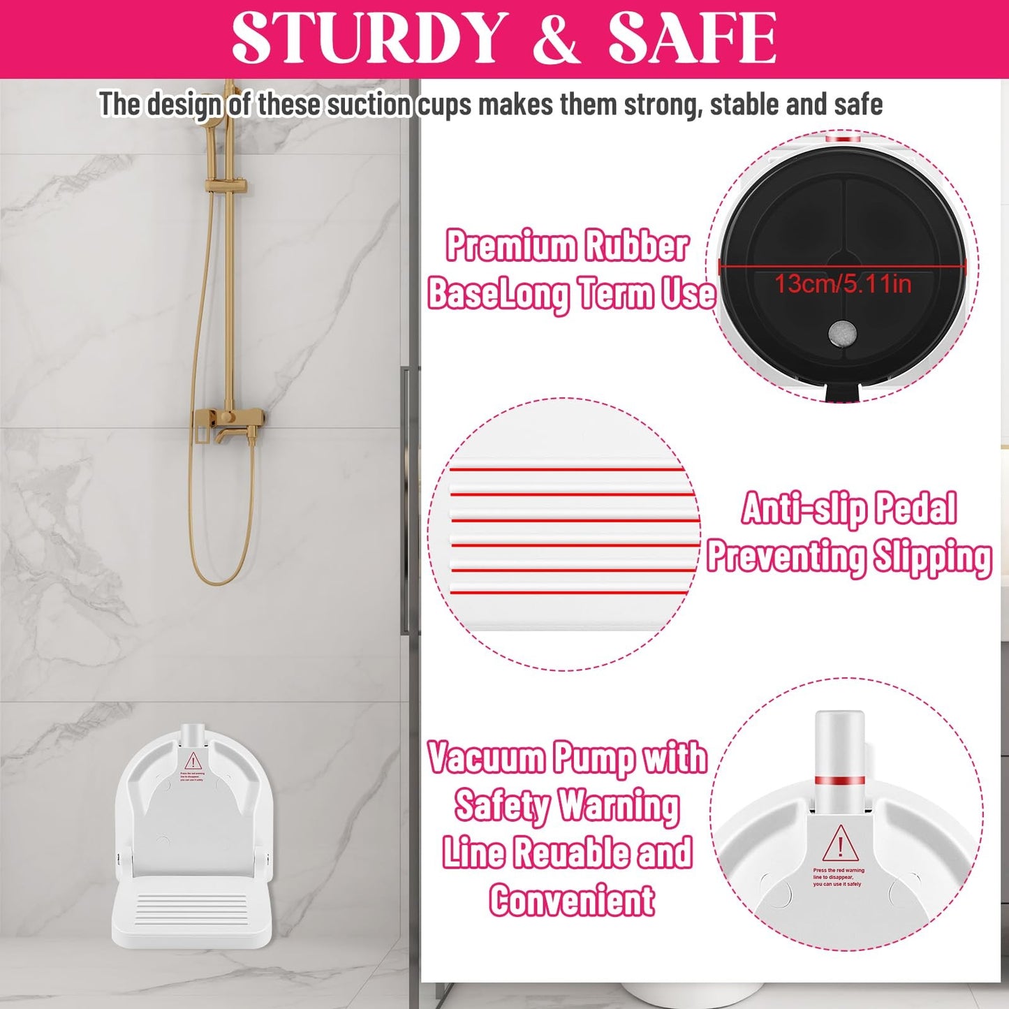 Shower Foot Rest with Suction Cup Support – White, 3-inch Diameter
