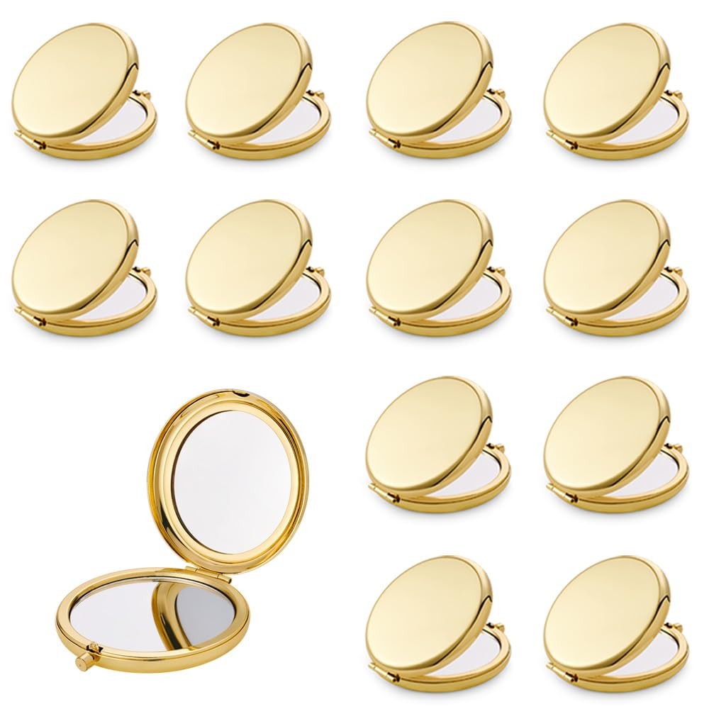12 Pack Metal Compact Mirrors with 1X/2X Magnification - Gold, Travel Size