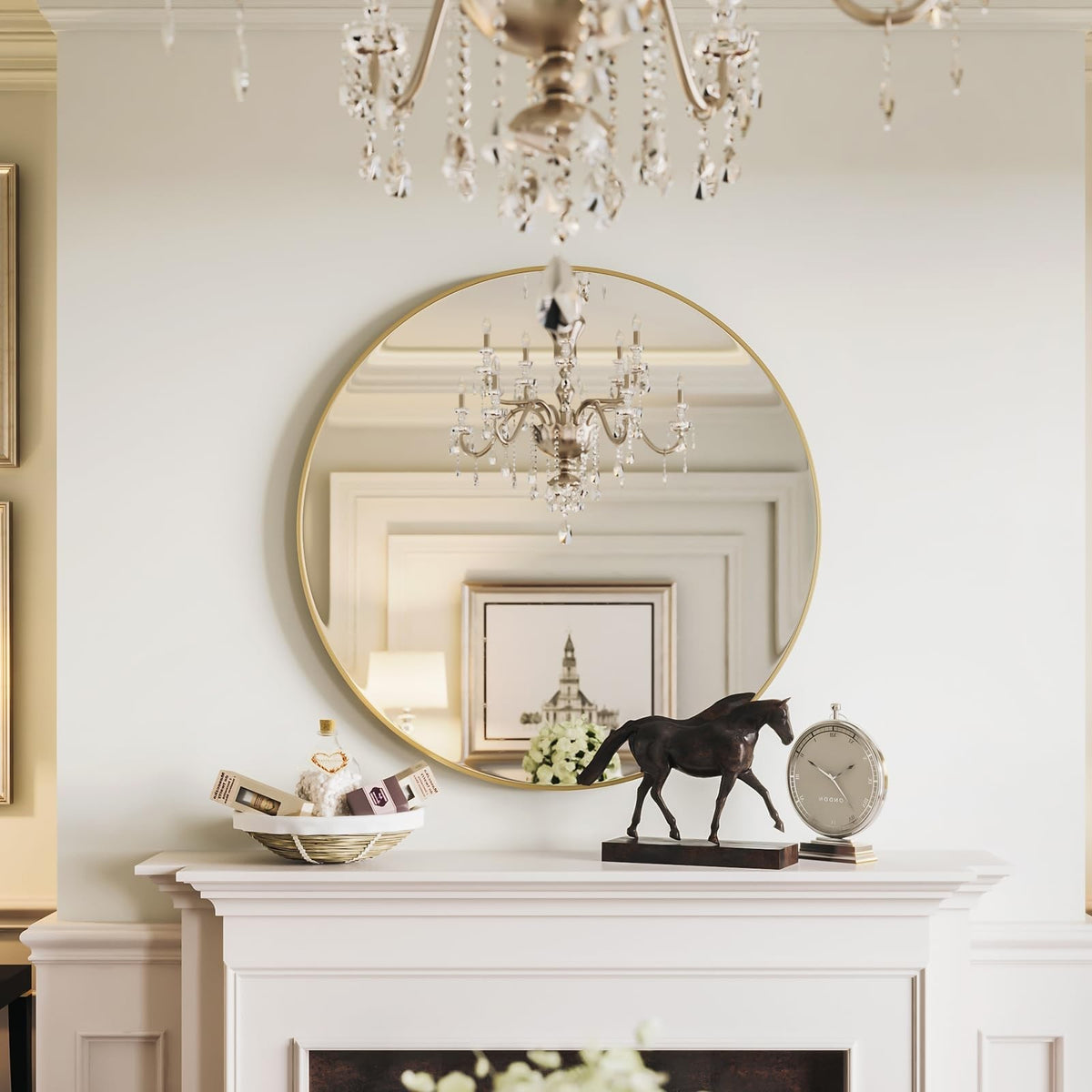 24 Inch Gold Round Wall Mirror - Modern Metal Bathroom & Living Room Decor