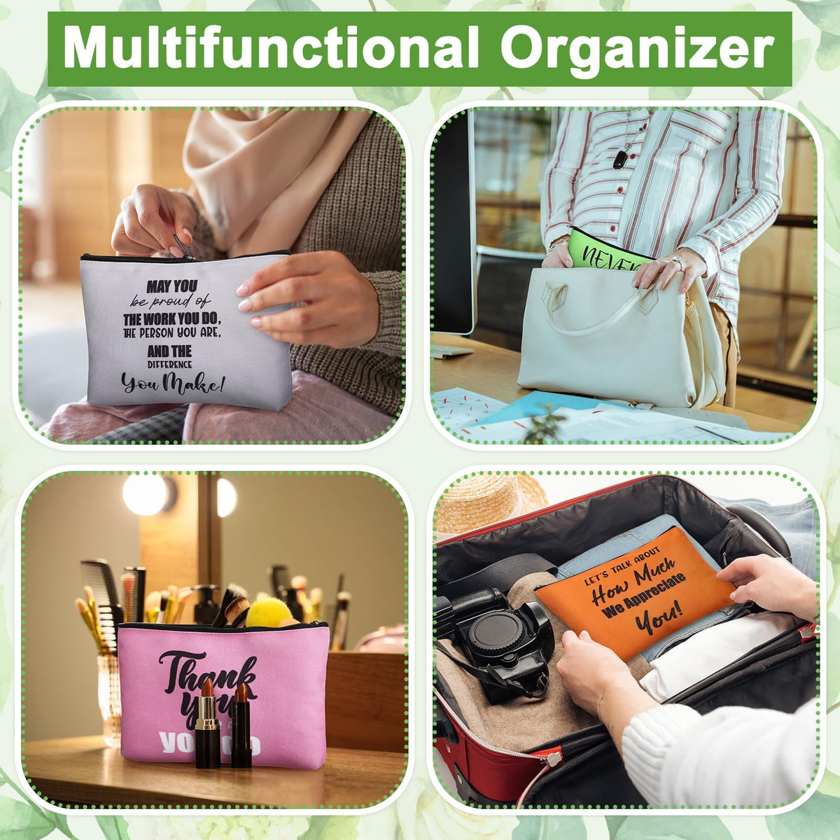 Bulk Thank You Cosmetic Makeup Bags Set for Appreciation Gifts - 9 Pieces