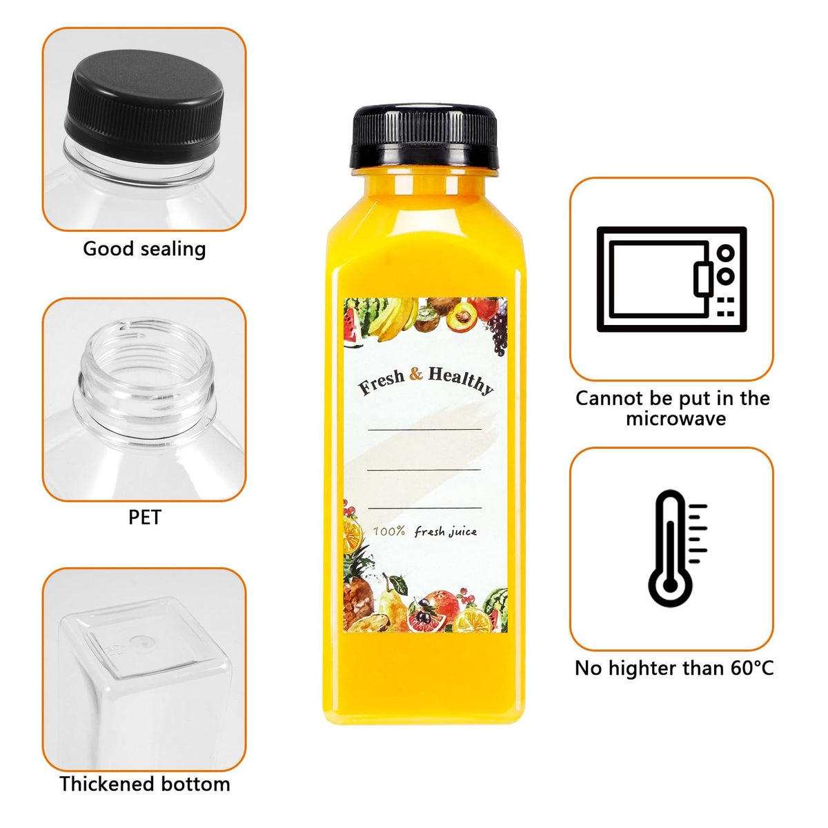 36 Pack 16 oz Reusable Plastic Juice Bottles with Airtight Lids