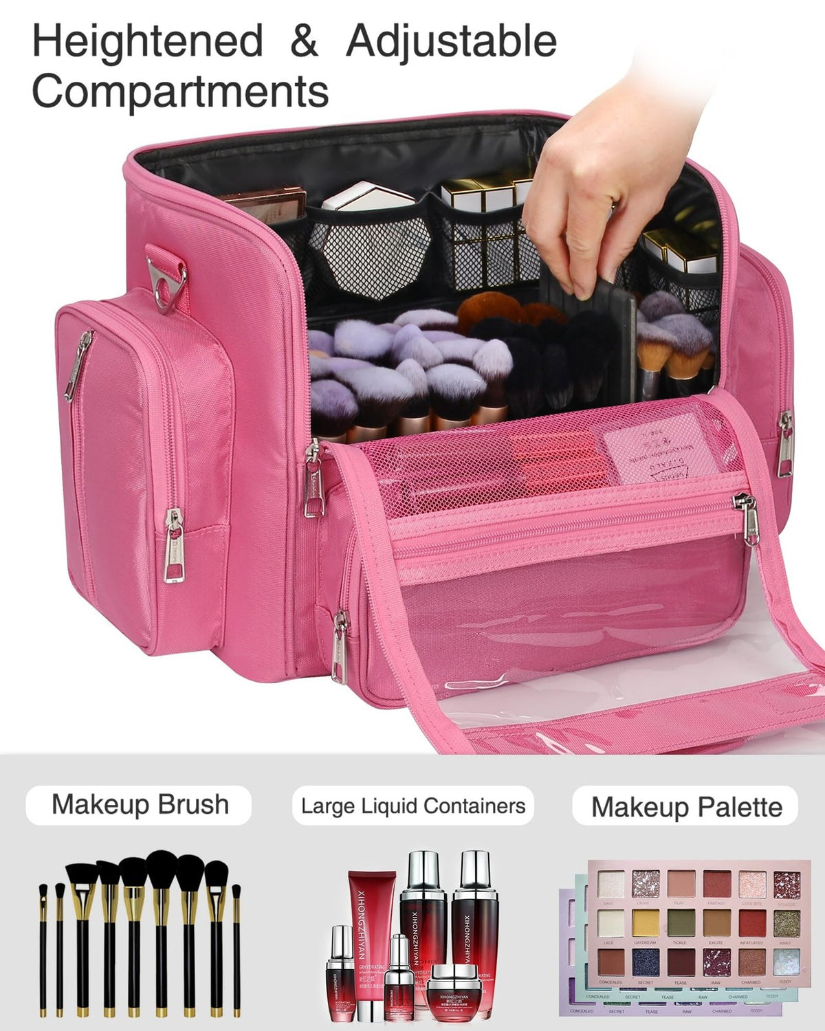 Large Pink Makeup Brush Bag with Clear Lid and Adjustable Dividers