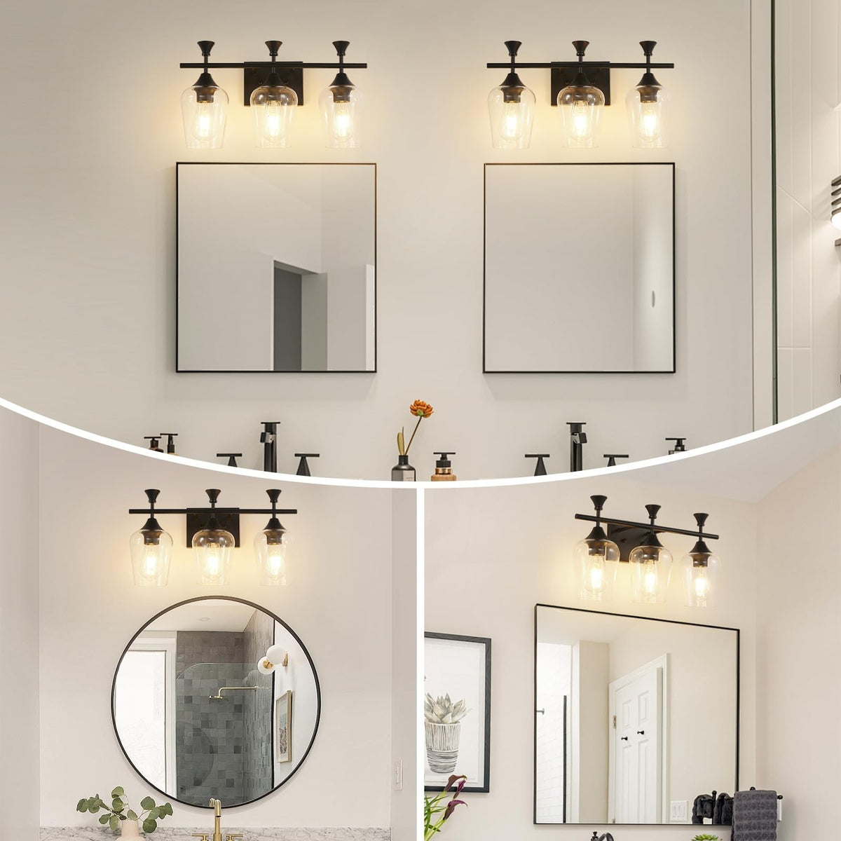 3-Light Matte Black Bathroom Vanity Light Fixture with Clear Wine Glass Shades - Modern Wall Sconce, 19 Inch