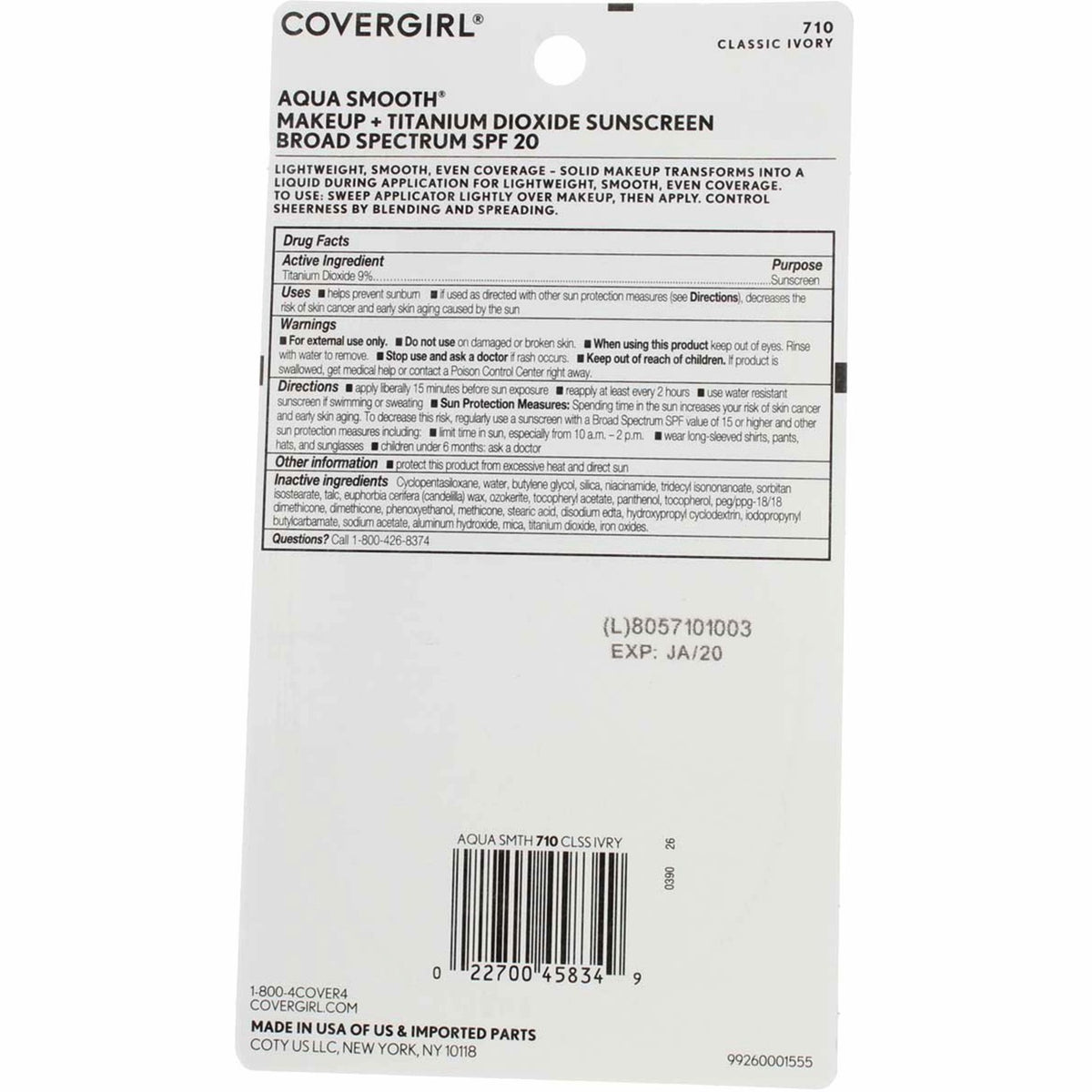 CoverGirl AquaSmooth Foundation Makeup 710 Classic Ivory SPF 20 0.4 oz