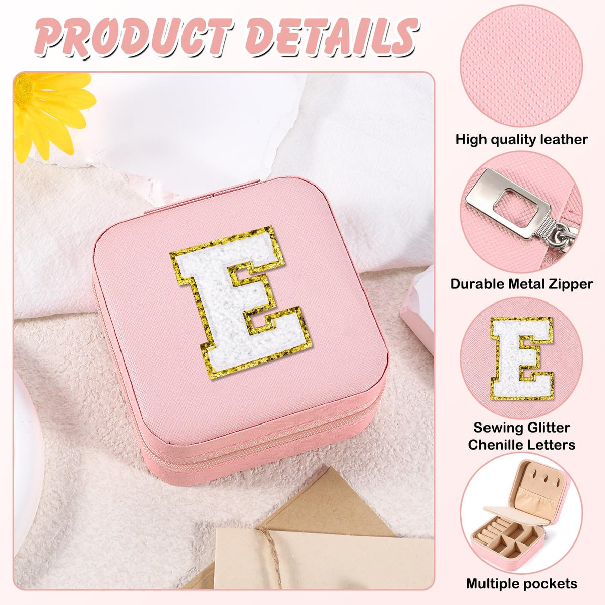 Travel Jewelry Case for Women Girls Mini Pink Organizer with Compartments