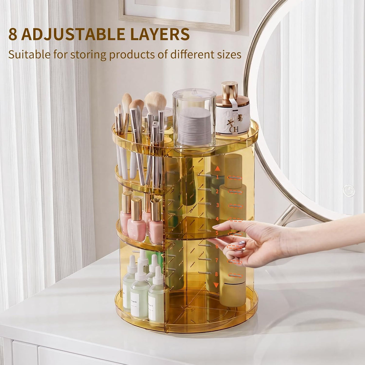 Rotating Makeup Organizer with Adjustable Layers and Storage