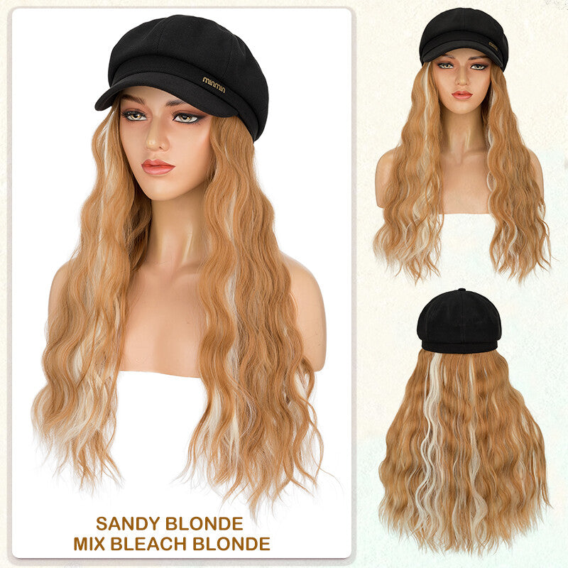 Unisex Wavy Long Hair Beret Cap with Synthetic Hair - Casual Hat Wig