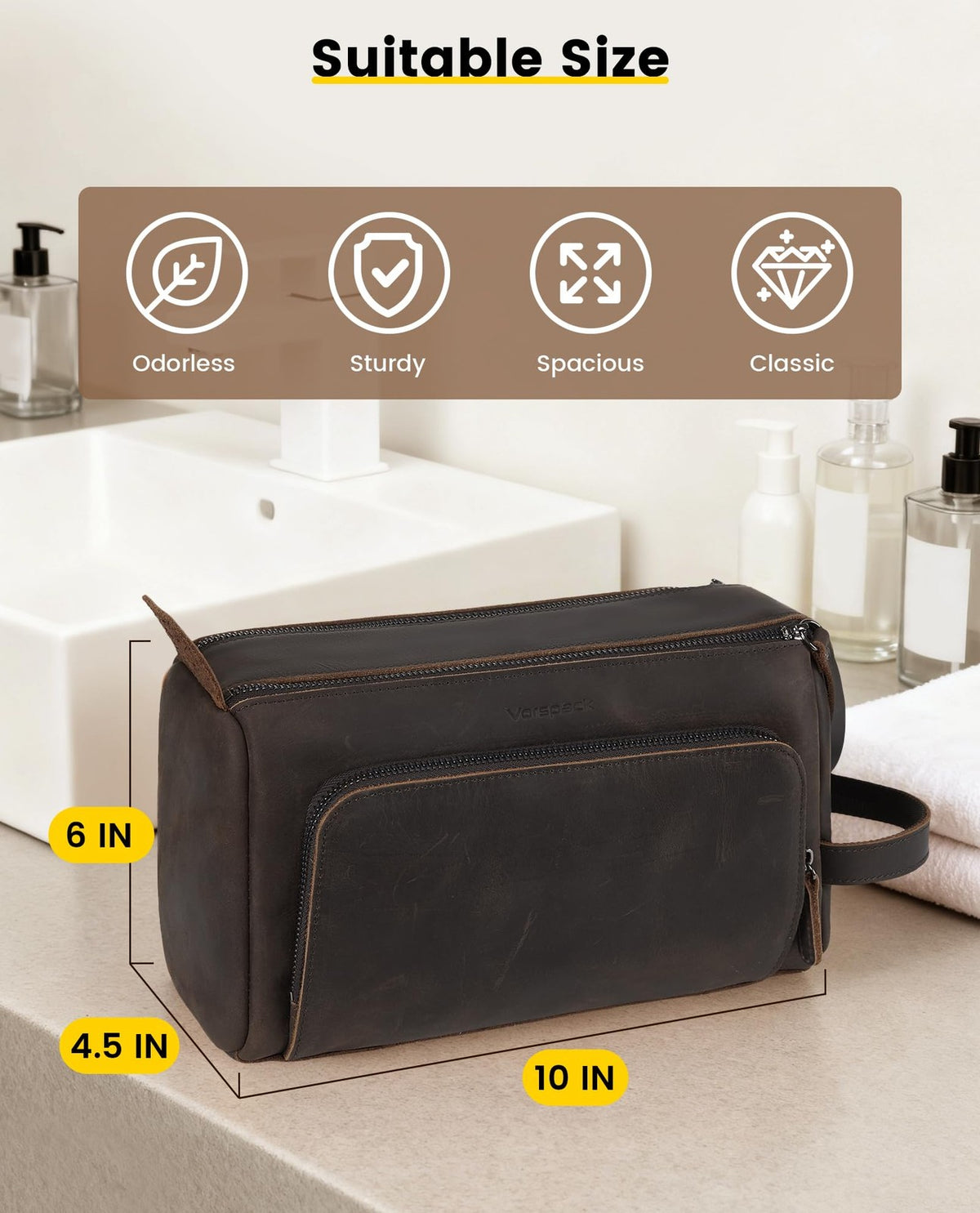 Genuine Leather Toiletry Bag for Men Water-Resistant Travel Case Dark Brown