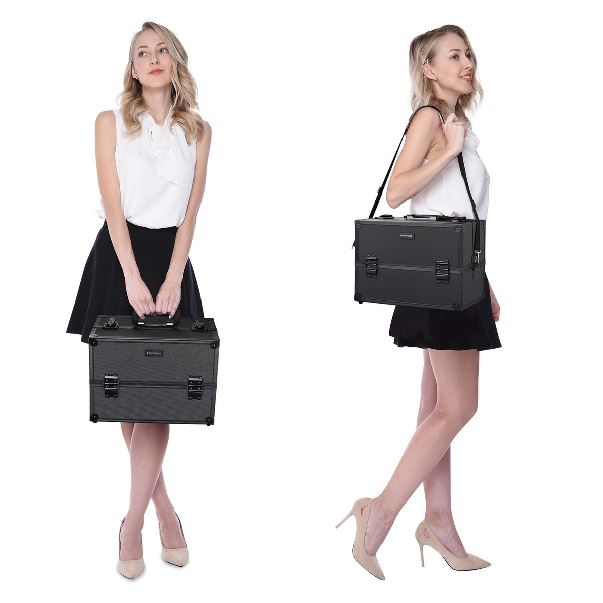 Large Aluminum Makeup Train Case with 4-Tier Trays and Lockable Storage