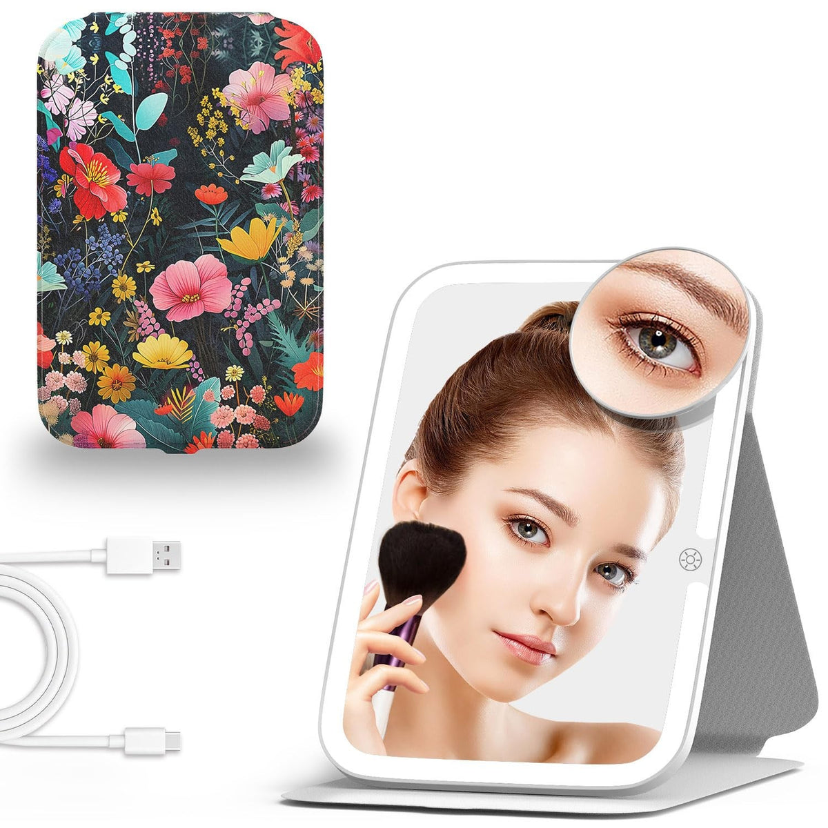 Travel LED Makeup Mirror with Lights, 360° Rotation, 10x Magnification, Dimmable 3-Color Touch Screen, Portable Flower Design