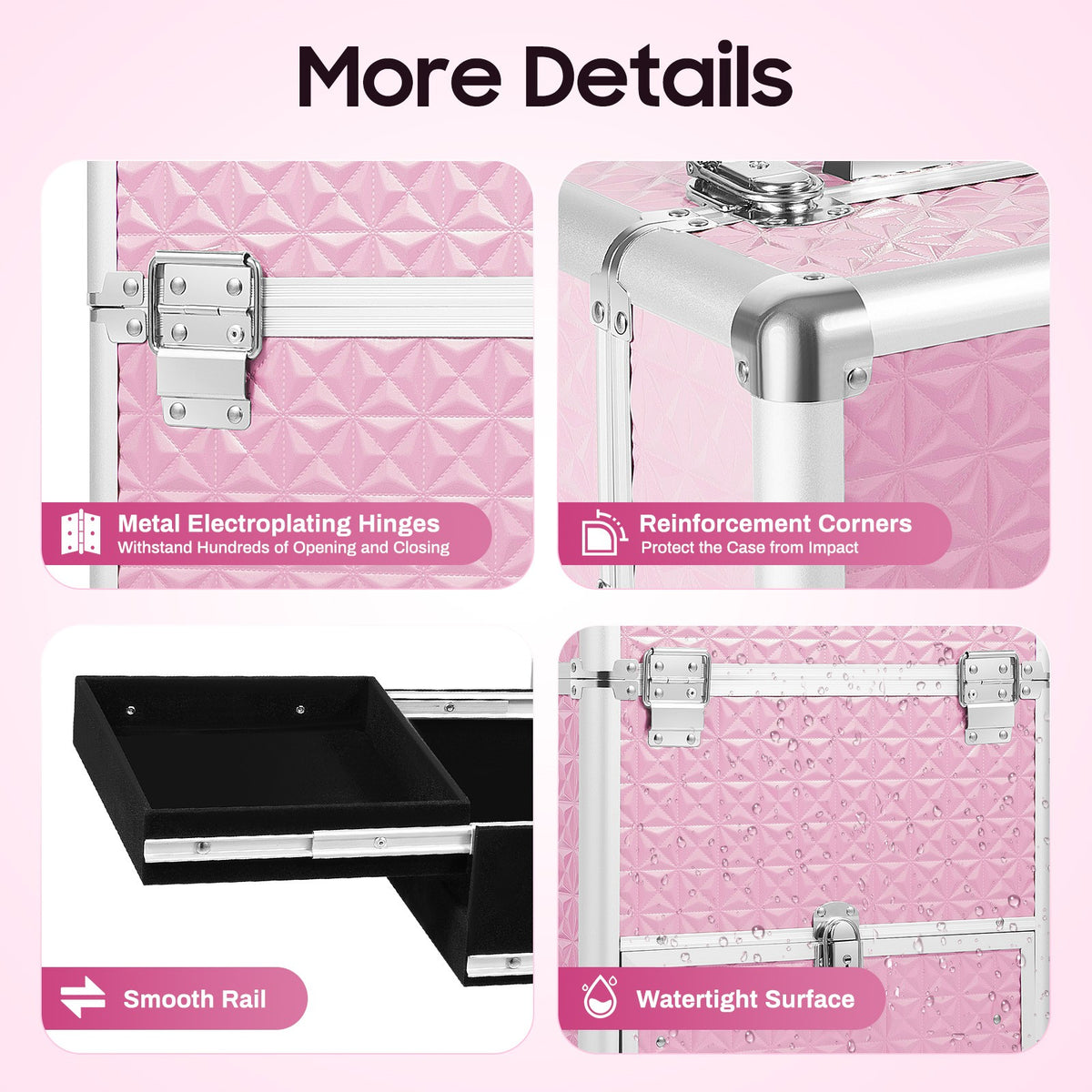 Pink Rolling Makeup Train Case with 7 Compartments and Lockable Drawers