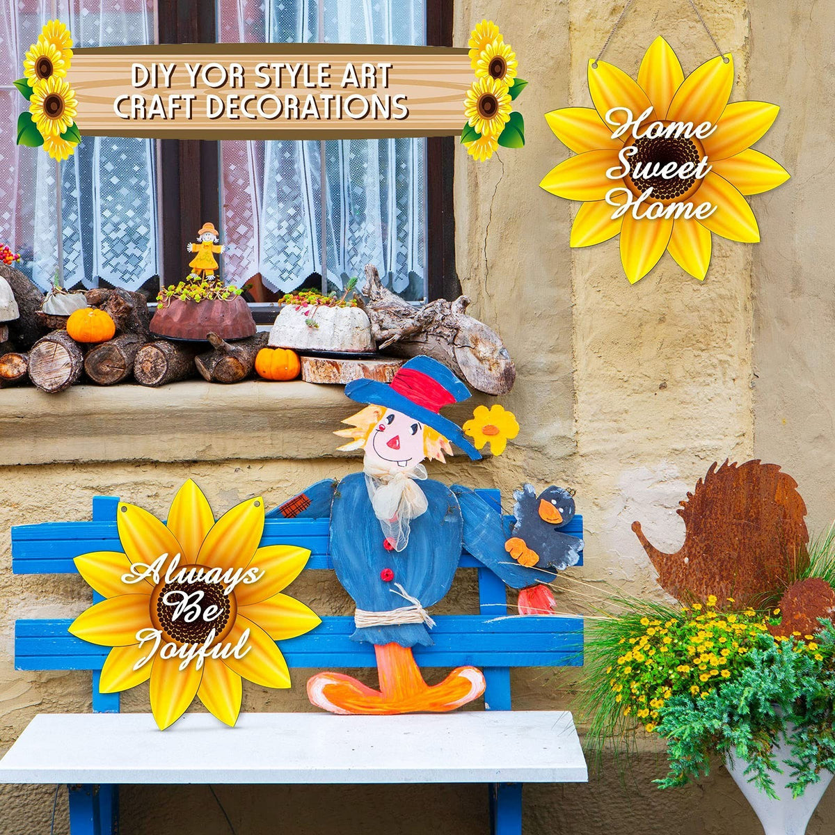 Unfinished Sunflower Wood Cutouts with Natural Rope - DIY Decor Sign Set