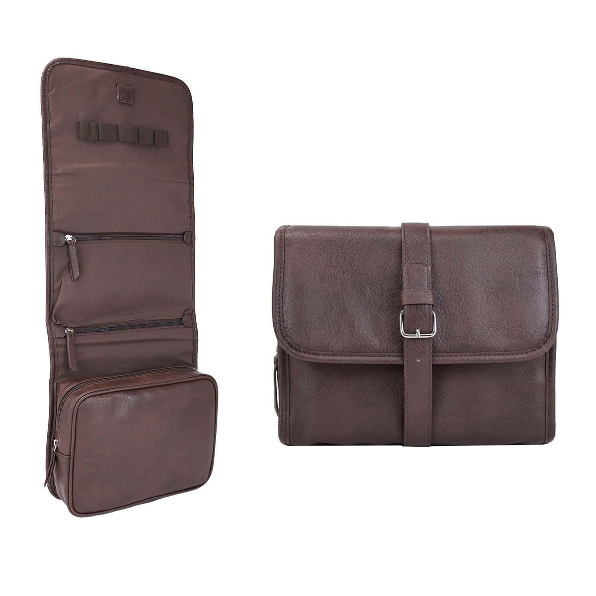 Men's Leather Hanging Toiletry Bag Folding Travel Organizer with 4 Compartments
