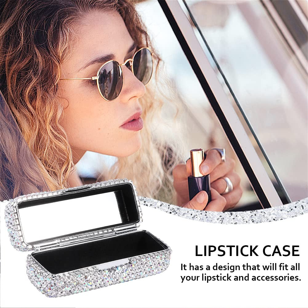 Crystal Rhinestone Lipstick Organizer with Mirror - Bling Makeup Case for Travel & Vanity