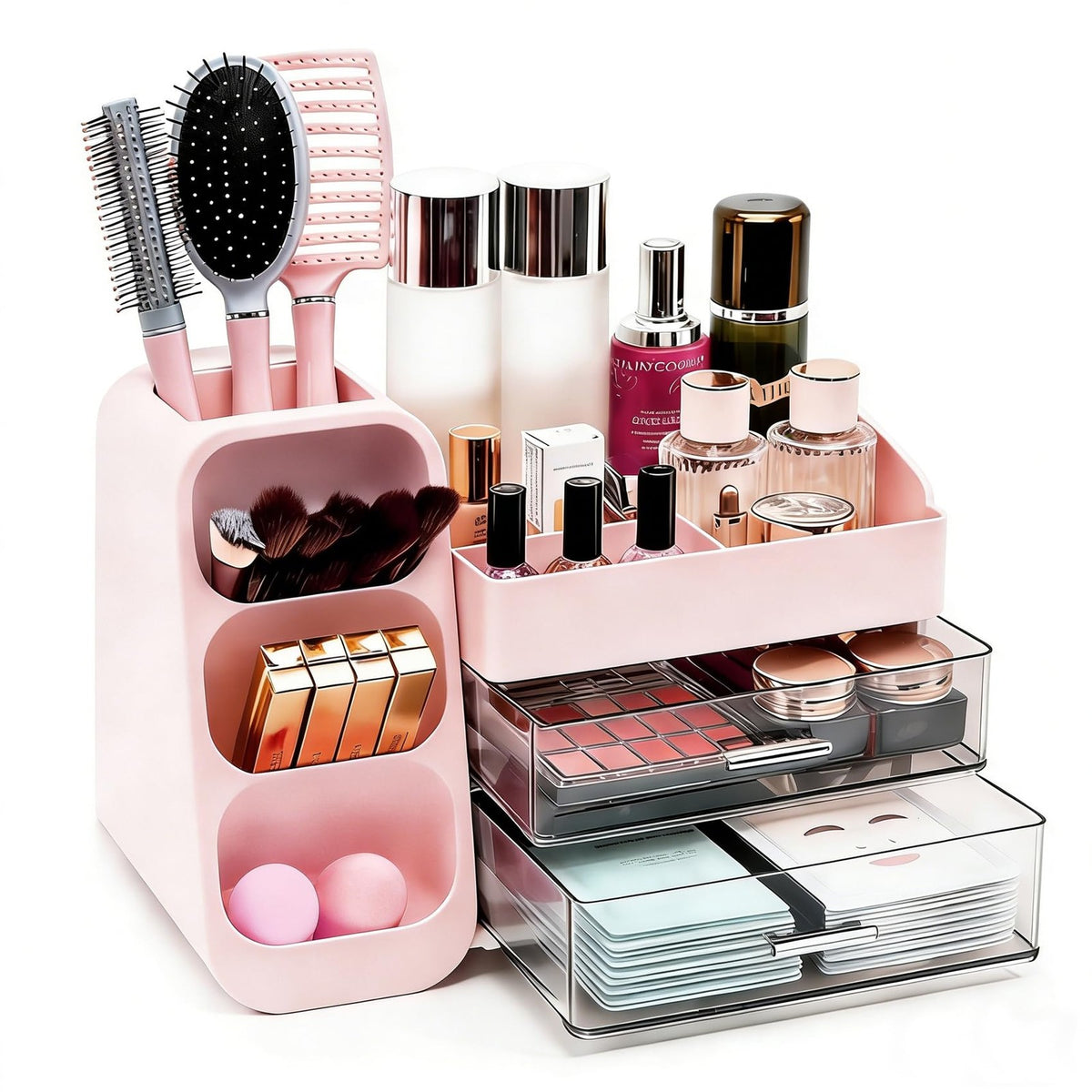 Pink Cosmetic Organizer with Drawers & Brush Holders for Makeup Vanity
