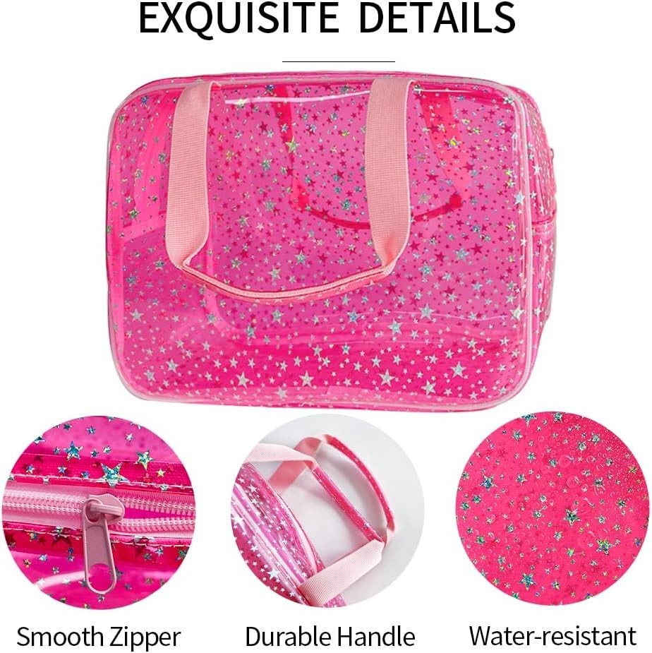 Large Pink Star Travel Cosmetic Bag with Handle, Waterproof Makeup Pouch