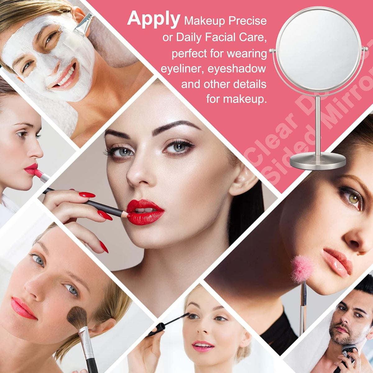 8 Inch Double-Sided Makeup Mirror with 1X/10X Magnification, Tabletop, Detachable Base