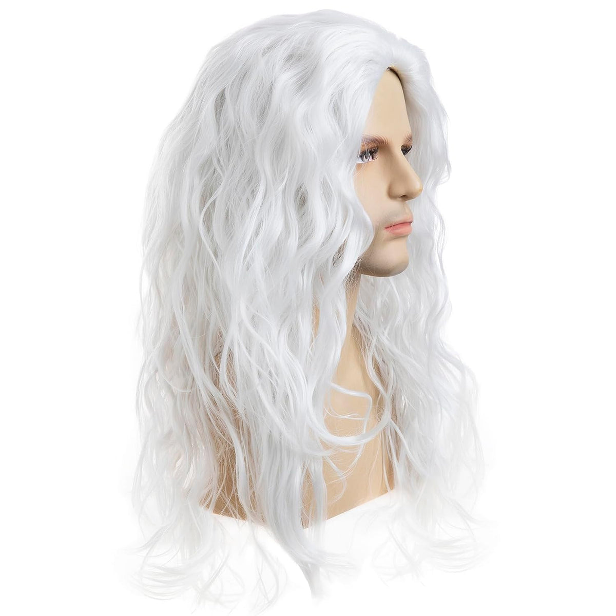 Long Curly White Wigs for Men Synthetic Halloween Cosplay Party Costume