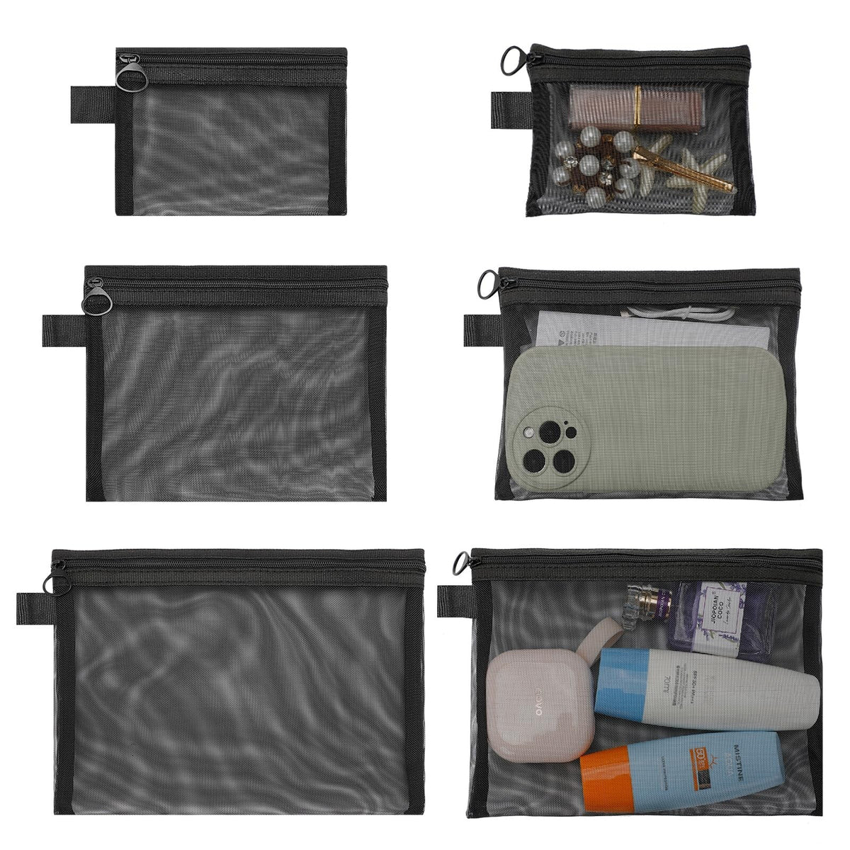 6 Pieces Mesh Cosmetic Bag Set - Lightweight Travel & Storage Pouches