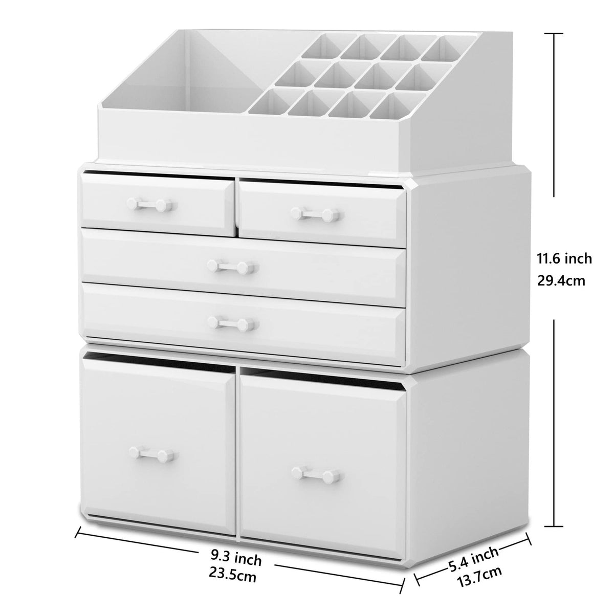 White Makeup Organizer with 6 Drawers and Compartments - 3-Piece Storage Case