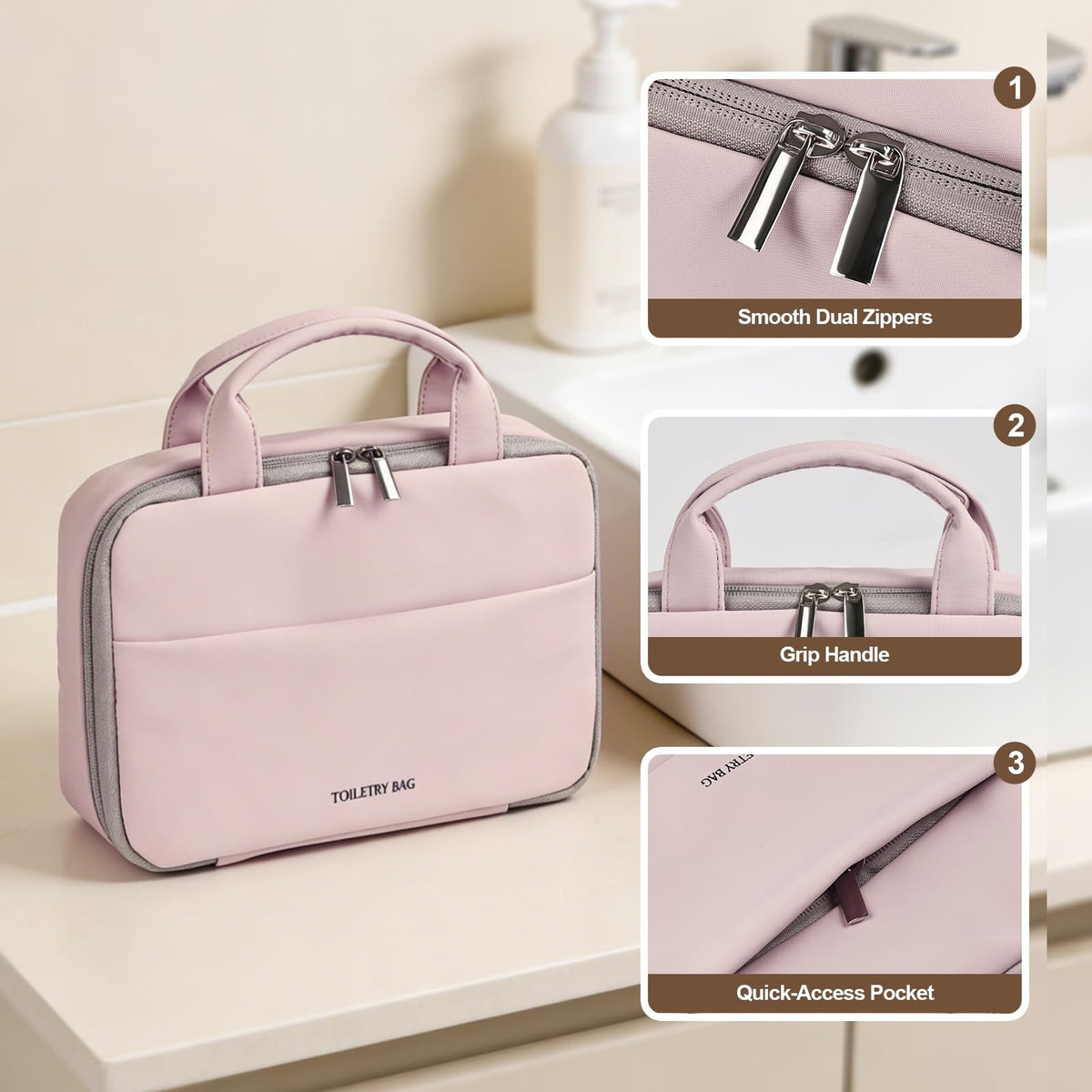 Travel Hanging Toiletry Bag for Women Waterproof Makeup Organizer Rose Pink