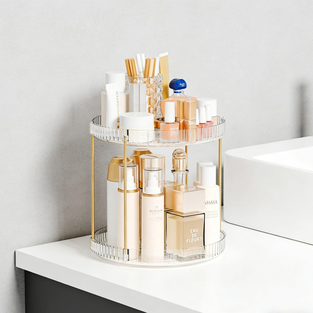 Acrylic 360° Rotating Makeup & Skincare Organizer, 2-Tier Clear Vanity Storage