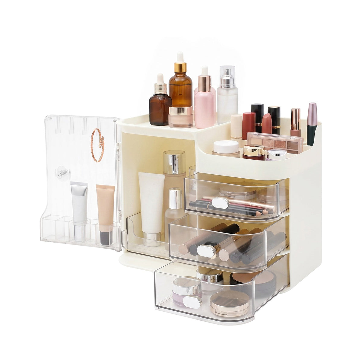 Tiered Makeup Organizer with Mirror and Multiple Compartments for Cosmetics