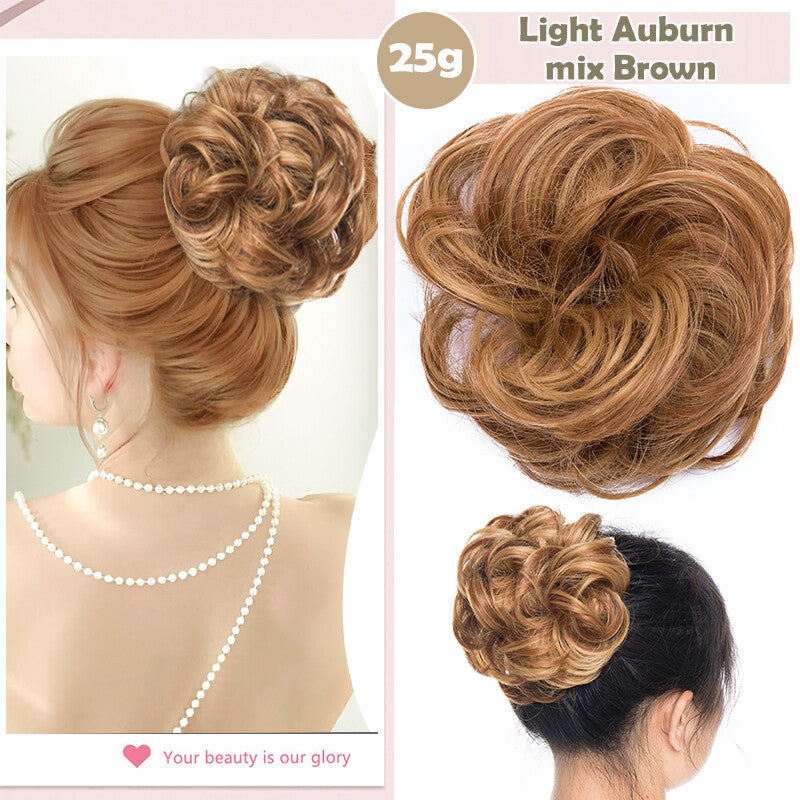 Natural Human Hair Messy Bun Ponytail Extensions with Curly Scrunchie Updo