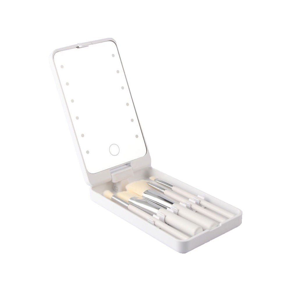 Travel Makeup Brush Set with LED Light Mirror, Portable Cosmetic Tool Kit