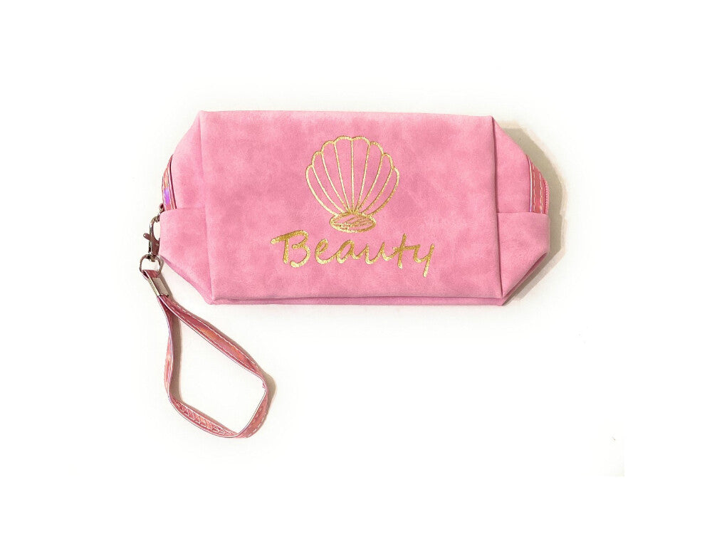 Pink Faux Leather Travel Cosmetic Pouch with Detachable Wristlet