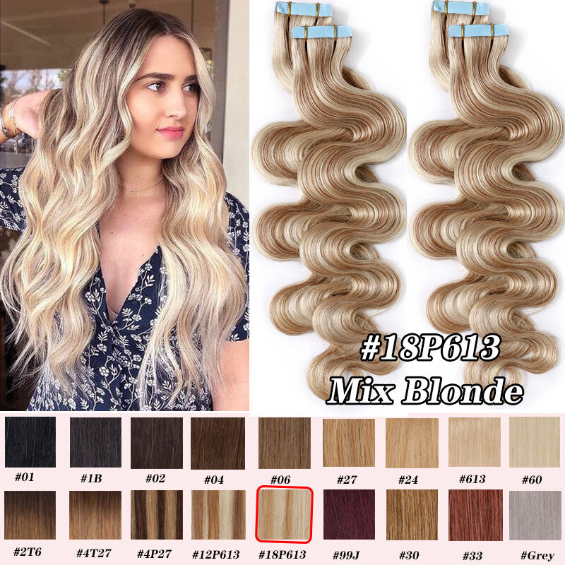 Remy Human Hair Extensions Tape In Full Head Wavy Balayage 200g
