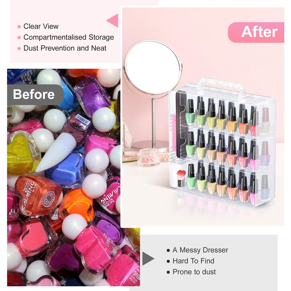 Double Sided Nail Polish Organizer Case for 48 Bottles, Transparent Storage Box