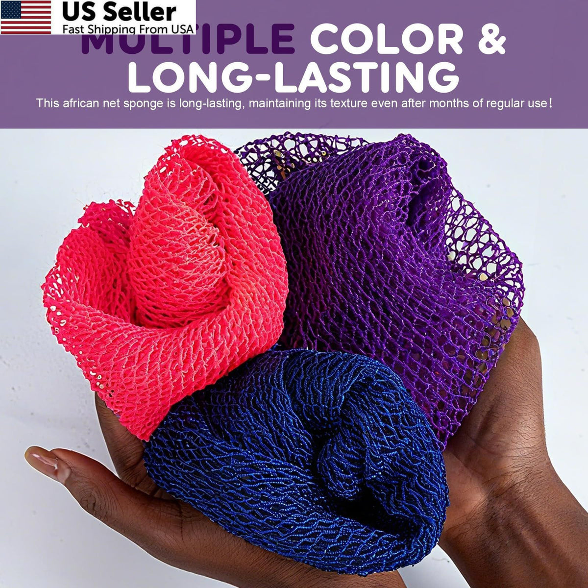 African Net Sponge for Exfoliation & Back Scrubbing - 3 Pack, Purple, Blue & Pink