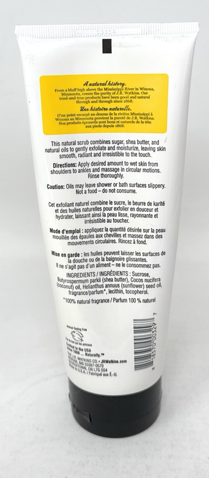 J.R. WATKINS Sugar & Shea Body Scrub Exfoliant Lemon Cream 8 oz Tube