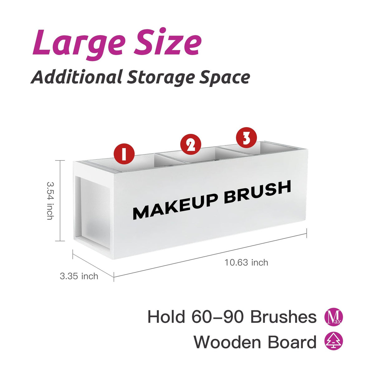 Large Wooden Makeup Brush Holder Organizer with 3 Slots - Vanity Cosmetic Storage