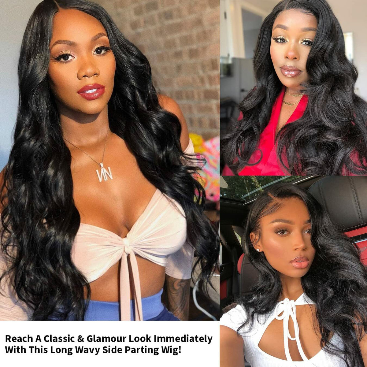 Black Long Body Wave Wig for Women - Natural Curly Wavy Full Hair Extension
