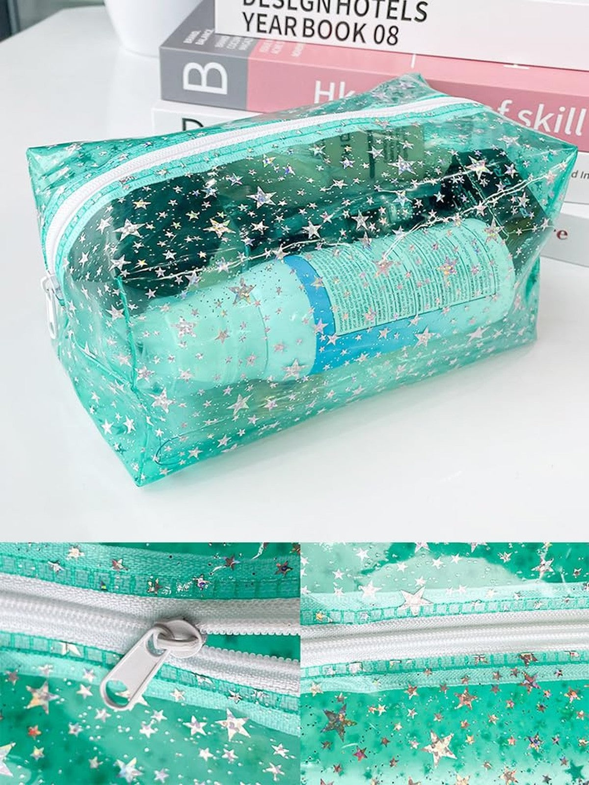 Clear Waterproof Makeup Bag with Star Pattern - Travel Toiletry Organizer for Women & Girls